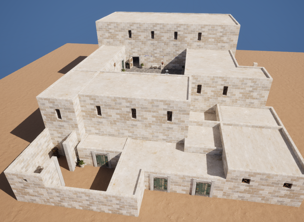 A large, multi-level house with multiple open courtyardsmade of gray stone