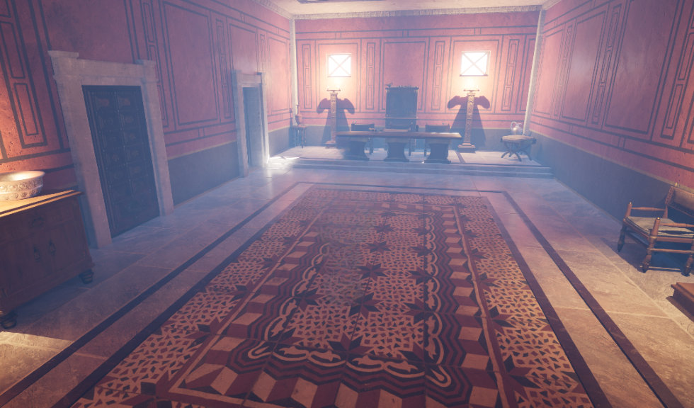 A large, ornate room with a large table and chairs at one end